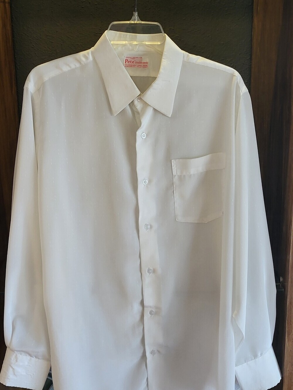 Pete' Fashions 70s White Polyester Lurex Dress Shirt Custom Tailored Large